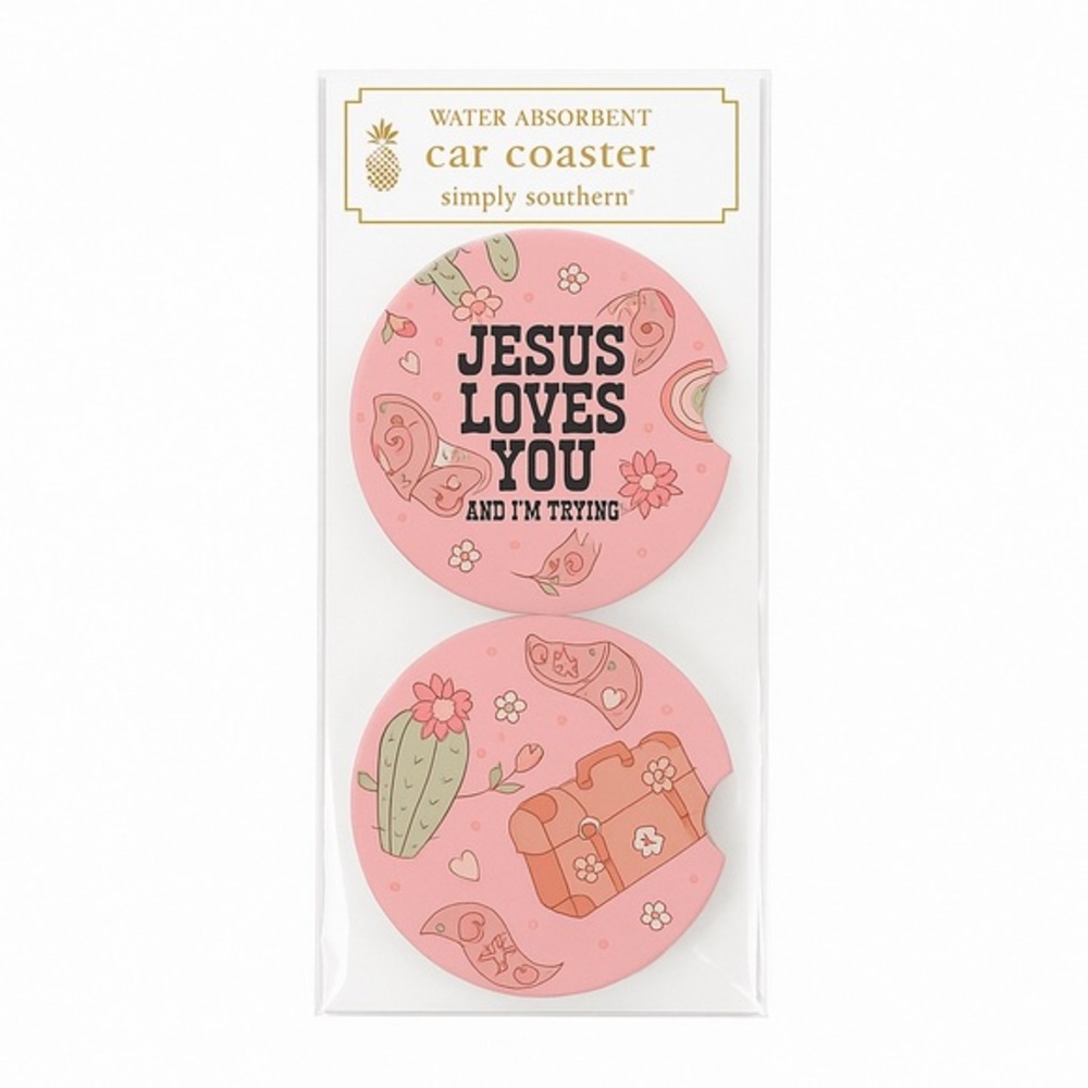 Simply Southern Car Coaster Set | Jesus Loves You | Pink Floral Western Decor